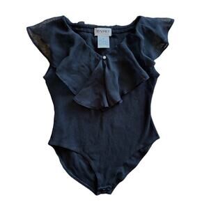 Vintage Bodysuit Instant Action Black Size Medium Ruffle Pearl Sleeveless 90s